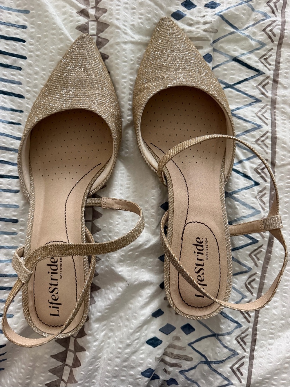 Life Stride Sparkling Gold Pointed-Toe Ankle-Strap Flats